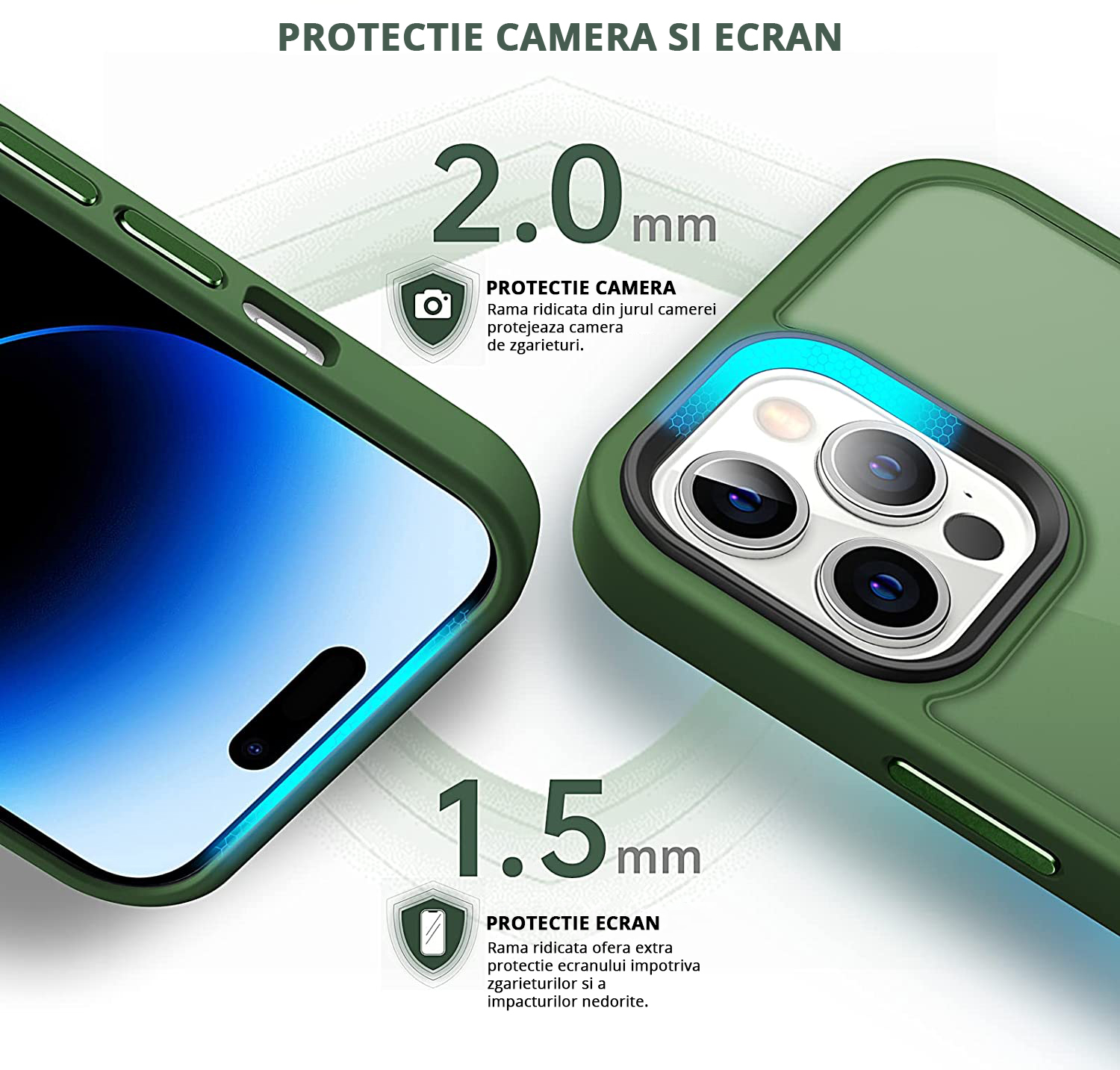 Husa MagSafe Antisoc Slim iPhone 14 Pro Max Verde cu protectie camera si ecran, 2mm si 1.5 mm rama ridicata pentru protectie maxima.