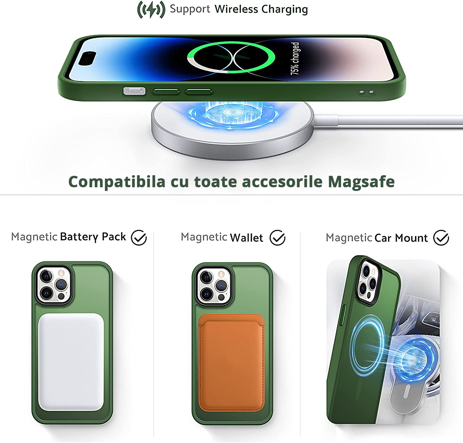 Husa Antisoc Slim iPhone 14 Pro Max Verde este compatibila cu toate accesoriile MagSafe, incarcare wireless.