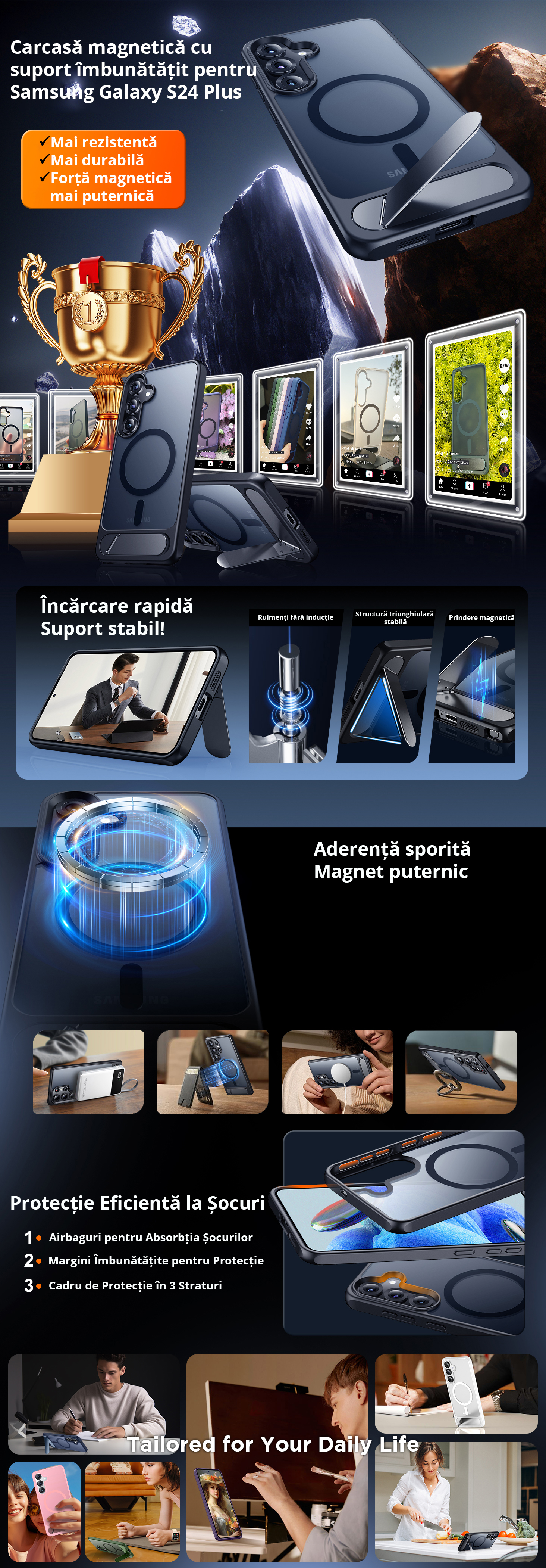 Husă de protecție antișoc pentru Samsung Galaxy S24 Plus, de culoare neagră, magsafe și cu suport integrat. 