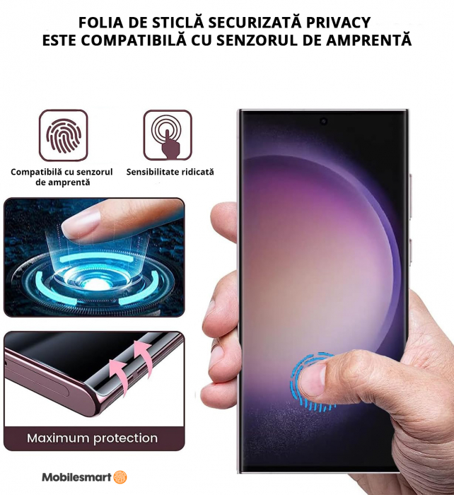 Folie de protecție Mobilesmart pentru Samsung Galaxy S23 ULTRA, sticlă securizată Privacy, Full Glue [4]
