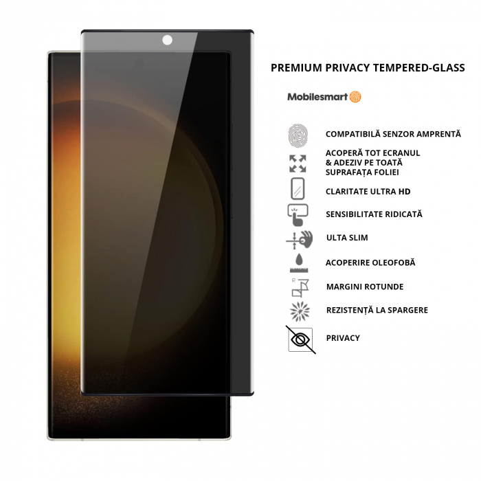 Folie de protecție Mobilesmart pentru Samsung Galaxy S23 ULTRA, sticlă securizată Privacy, Full Glue [2]