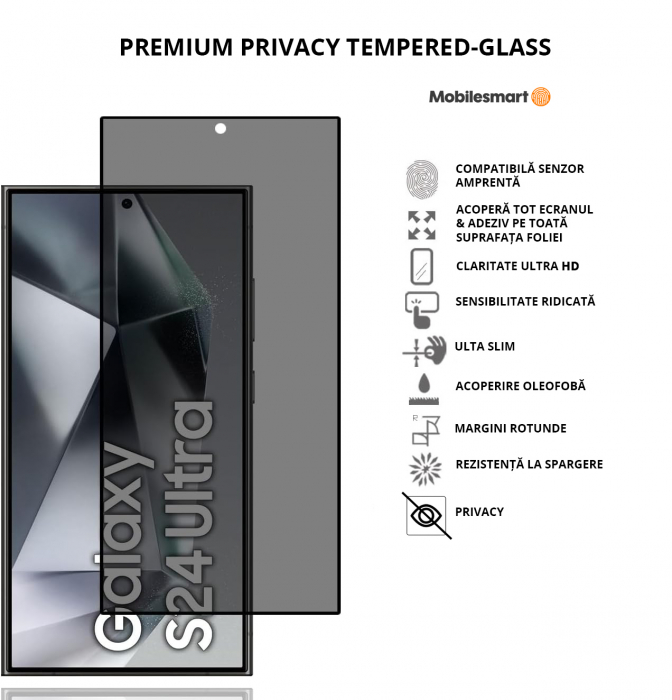 Folie de protecție Mobilesmart pentru Samsung Galaxy S24 ULTRA, sticlă securizată Privacy, Full Glue [2]