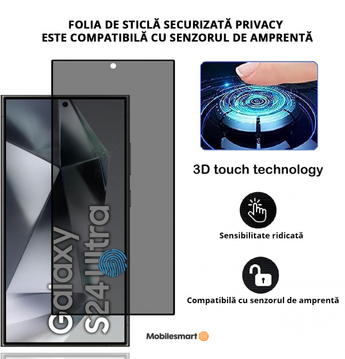 Folie de protecție Mobilesmart pentru Samsung Galaxy S24 ULTRA, sticlă securizată Privacy, Full Glue [4]