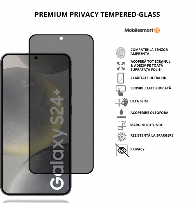 Folie de protecție Mobilesmart pentru Samsung Galaxy S24 PLUS, sticlă securizată Privacy, Full Glue [2]