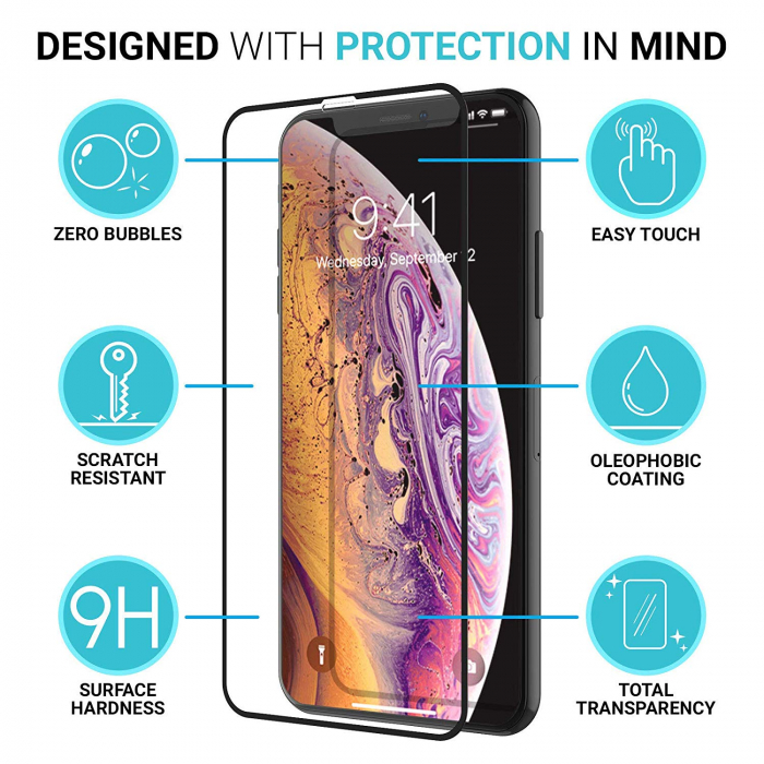 Folie sticla iPhone XS MAX, 5D, securizata cu rama metalica, protectie ecran si margini curbate, Negru [5]