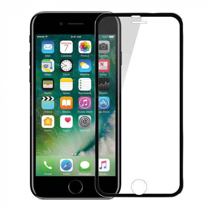 Folie sticla iPhone 8 / iPhone 7, Fata plus Spate, 3D cu rama metalica, protectie completa ecran si margini curbate, Negru [1]
