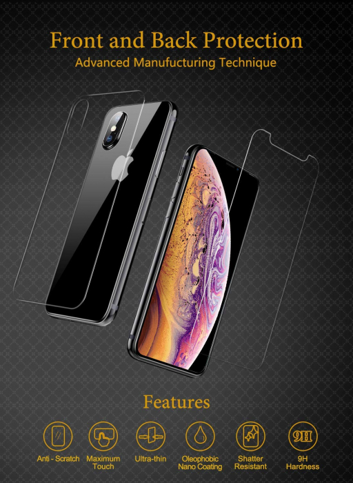 Folie sticla iPhone XS / X, Fata plus Spate, protectie ecran securizata, 0.2mm [2]