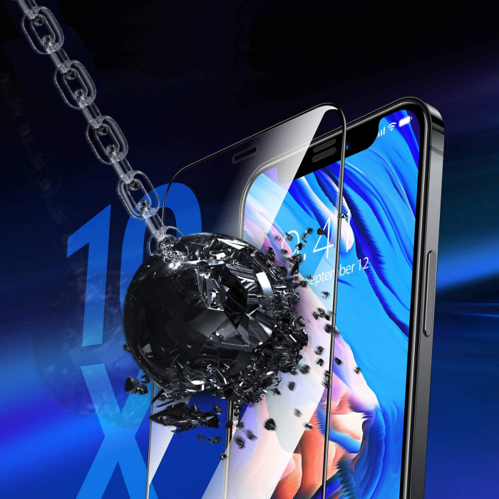 Folie sticla pentru iPhone 12 PRO MAX, 5D, securizata cu rama metalica, protectie ecran si margini curbate, Negru [4]