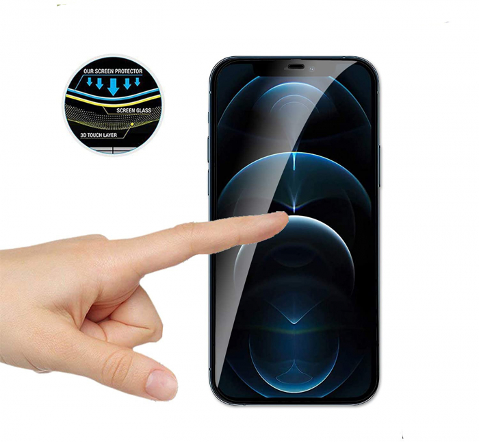 Folie sticla pentru iPhone 12 PRO MAX, 5D, securizata cu rama metalica, protectie ecran si margini curbate, Negru [6]