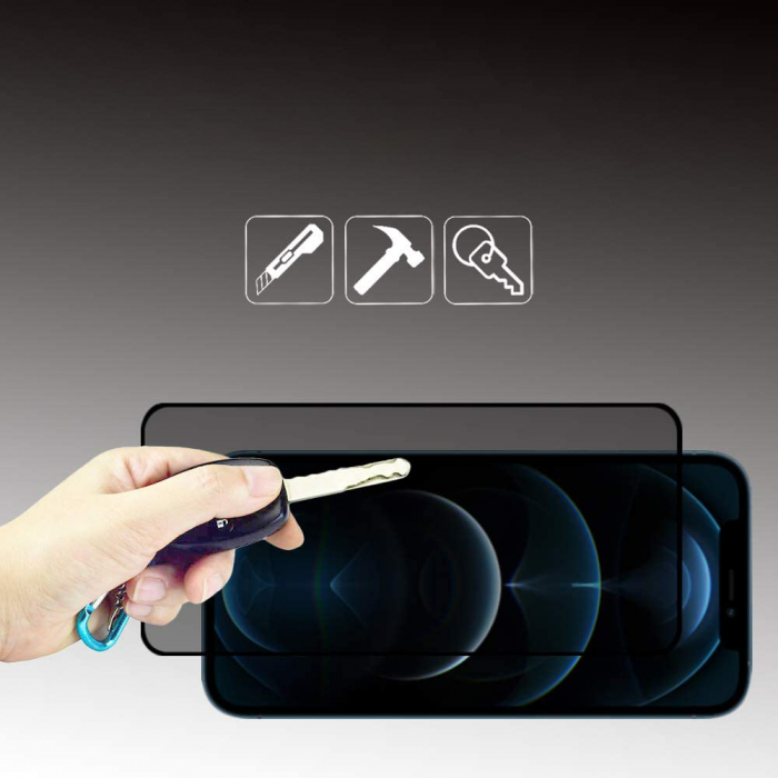 Folie sticla pentru iPhone 12 MINI, Privacy, 5D, securizata cu rama metalica, protectie ecran si margini curbate, Negru [2]