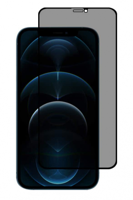 Folie sticla pentru iPhone 12 MINI, Privacy, 5D, securizata cu rama metalica, protectie ecran si margini curbate, Negru [1]
