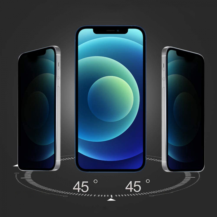 Folie sticla pentru iPhone 12 MINI, Privacy, 5D, securizata cu rama metalica, protectie ecran si margini curbate, Negru [3]