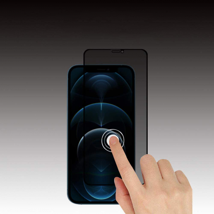 Folie sticla pentru iPhone 12 MINI, Privacy, 5D, securizata cu rama metalica, protectie ecran si margini curbate, Negru [4]