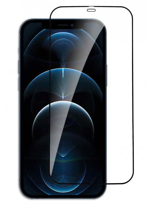 Folie sticla pentru iPhone 12 PRO MAX, 5D, securizata cu rama metalica, protectie ecran si margini curbate, Negru [1]