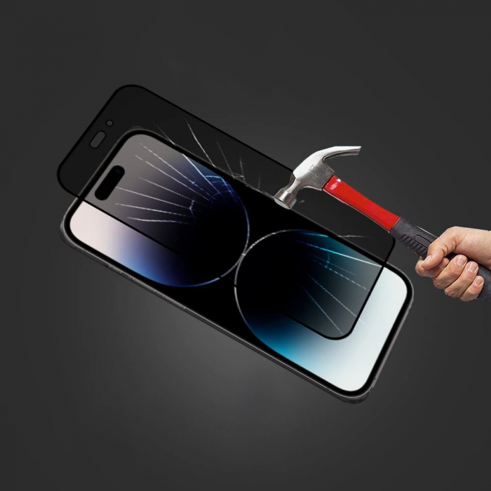Folie sticla pentru iPhone 14 PRO, Privacy, 5D, securizata cu rama metalica, protectie ecran si margini curbate, Negru [2]