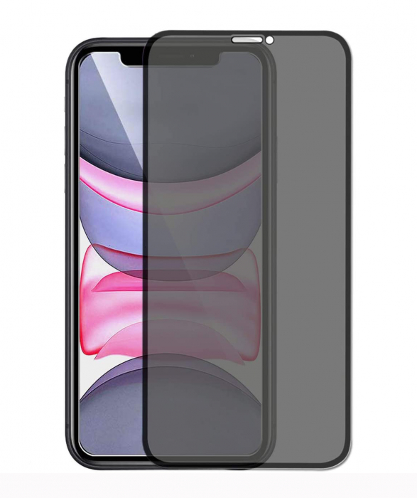 Folie sticla pentru iPhone XR, Privacy, 5D, securizata cu rama metalica, protectie ecran si margini curbate, Negru [1]