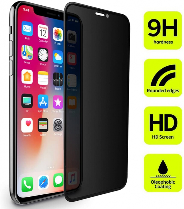 Folie sticla pentru iPhone XS MAX, Privacy, 5D, securizata cu rama metalica, protectie ecran si margini curbate, Negru [4]