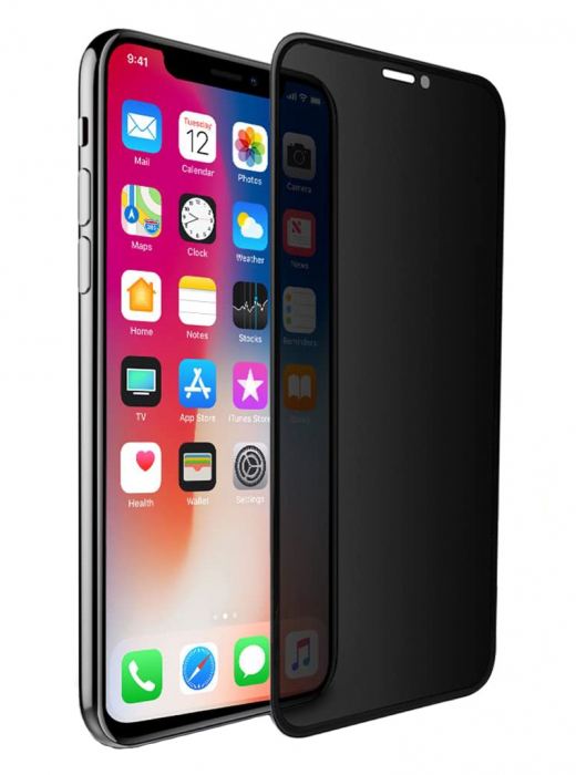 Folie sticla pentru iPhone XS MAX, Privacy, 5D, securizata cu rama metalica, protectie ecran si margini curbate, Negru [1]