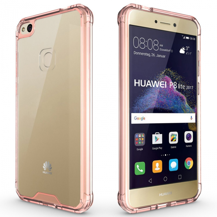 Husa de protectie Hybrid Antisoc pentru Huawei P8 Lite/P9 Lite 2017, carcasa spate PC transparenta cu cadru, Rose-Gold [3]