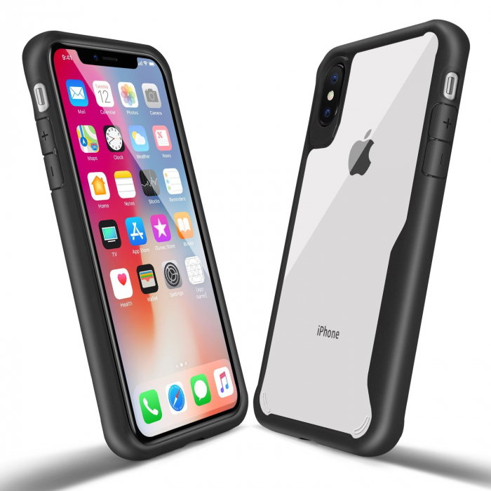 Husa de protectie Hybrid Antisoc pentru  iPhone X/iPhone 10, carcasa spate PC cu cadru TPU dur, Negru [3]