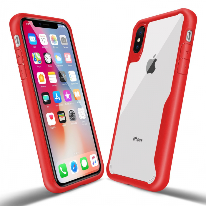 Husa de protectie Hybrid Antisoc pentru  iPhone X/iPhone 10, carcasa spate PC cu cadru TPU dur, Rosu [4]
