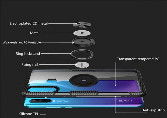 Husa Huawei P30 Lite, Hybrid Antisoc, carcasa cu inel rotativ 360 si Kickstand, Negru [4]