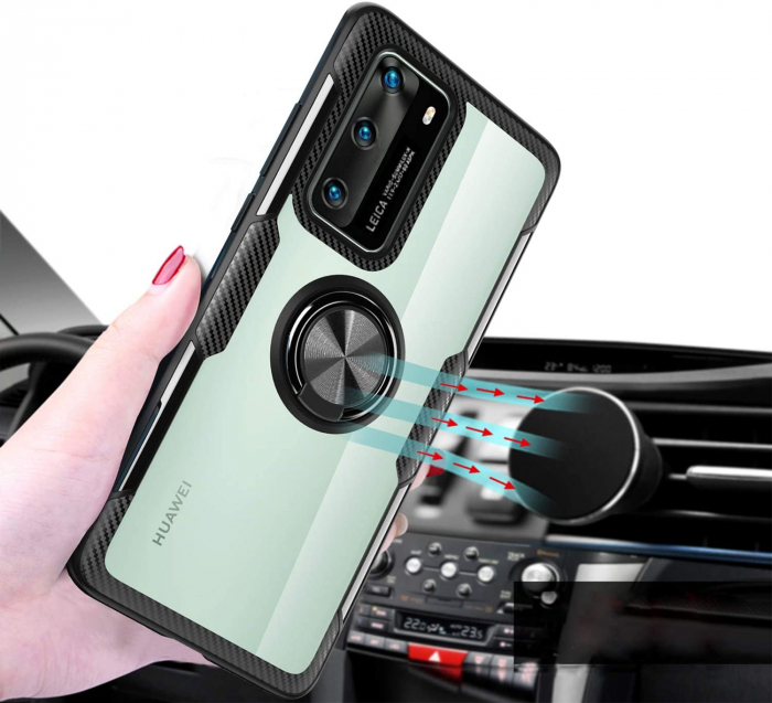 Husa Huawei P40, Hybrid Antisoc, carcasa cu inel rotativ 360 si Kickstand, Negru [3]