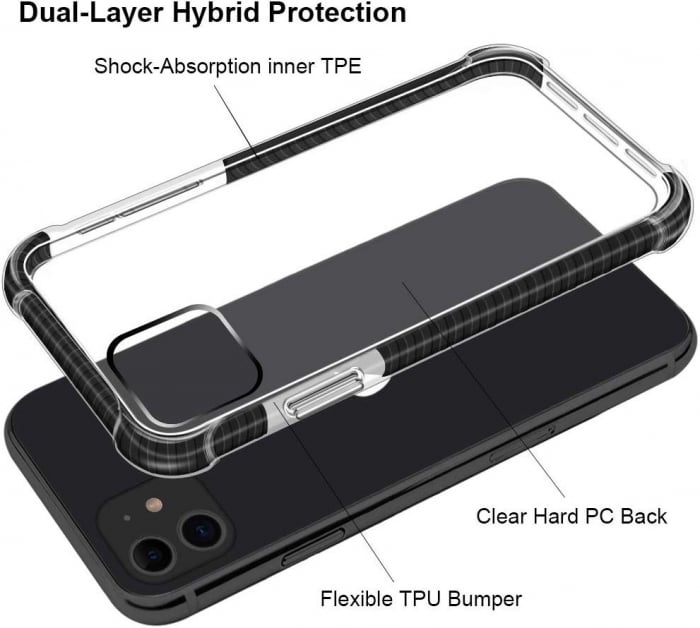 Husa iPhone 11, Hybrid Antisoc, carcasa spate PC transparenta cu Bumper, Negru [4]