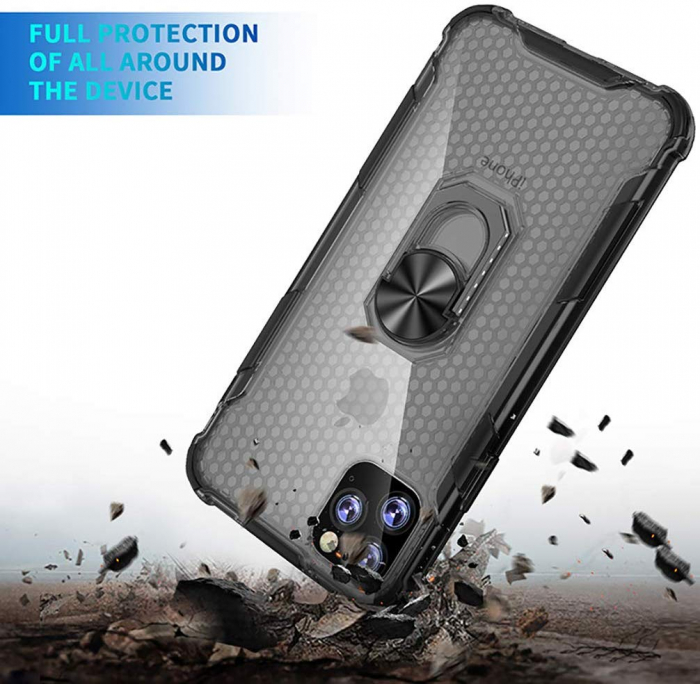 Husa IPhone 11, Hybrid Antisoc, carcasa cu bumper, inel rotativ 360 si Kickstand, Galben [3]
