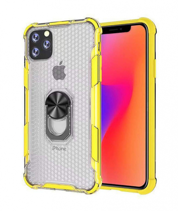 Husa IPhone 11, Hybrid Antisoc, carcasa cu bumper, inel rotativ 360 si Kickstand, Galben [1]