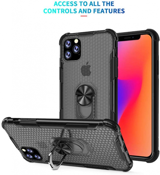Husa IPhone 11 PRO, Hybrid Antisoc, carcasa cu bumper, inel rotativ 360 si Kickstand, Negru [6]
