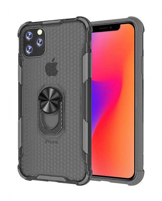 Husa IPhone 11 PRO, Hybrid Antisoc, carcasa cu bumper, inel rotativ 360 si Kickstand, Negru [1]