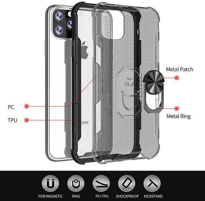 Husa IPhone 11 PRO, Hybrid Antisoc, carcasa cu bumper, inel rotativ 360 si Kickstand, Negru [4]