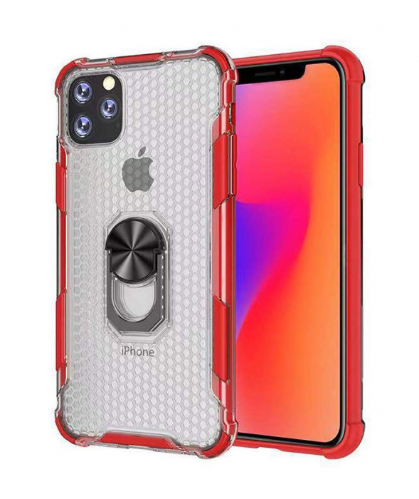 Husa IPhone 11, Hybrid Antisoc, carcasa cu bumper, inel rotativ 360 si Kickstand, Rosu [1]