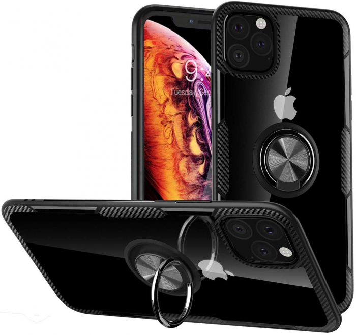Husa IPhone 11, Hybrid Antisoc, carcasa cu inel rotativ 360 si Kickstand, Negru [2]