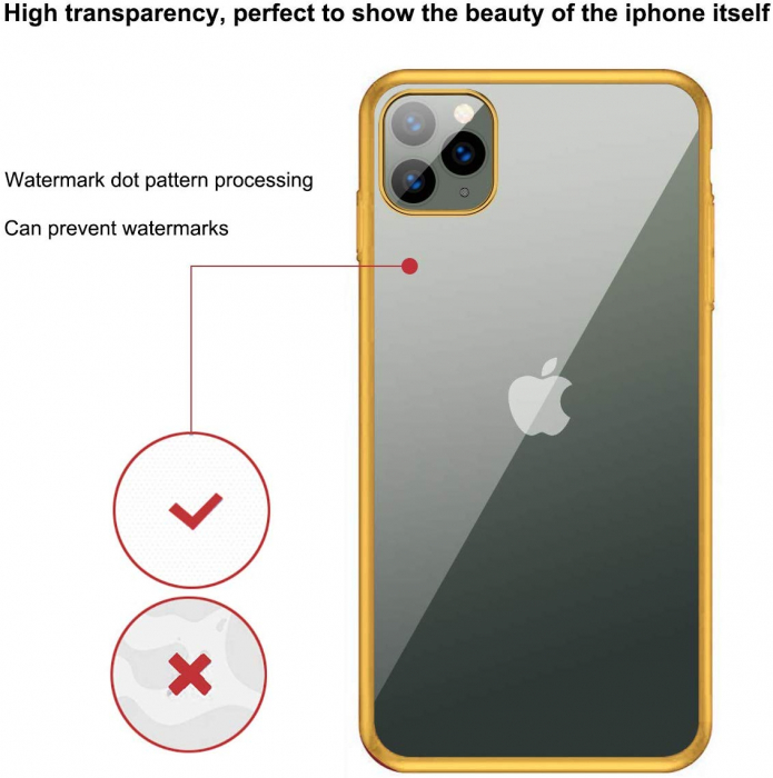 Husa iPhone 11 PRO MAX, Silicon ultraslim, cu spate transparent si cadru, Gold [3]