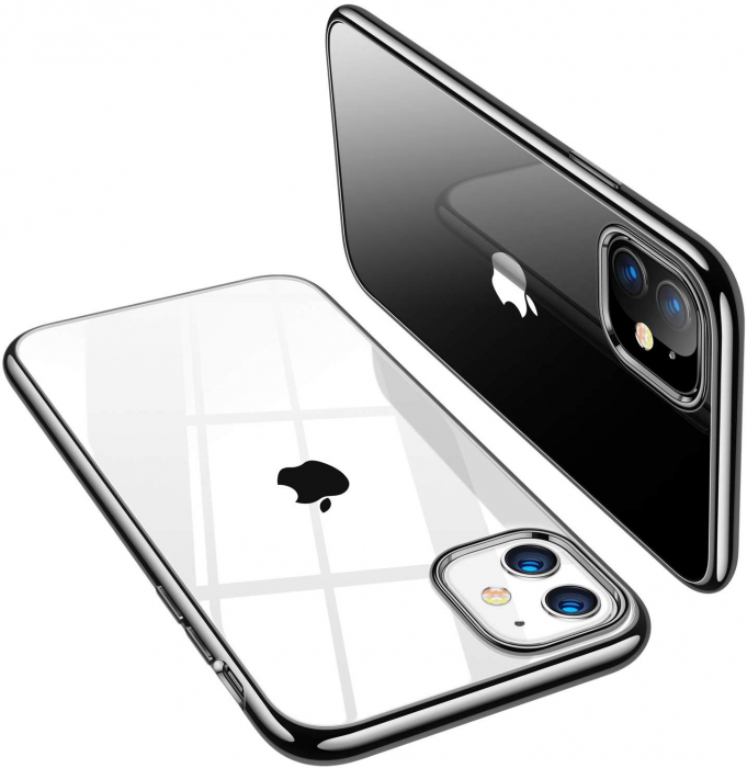 Husa iPhone 11, Silicon ultraslim, cu spate transparent si cadru, Negru [4]