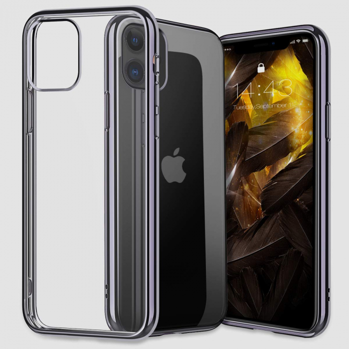 Husa iPhone 11, Silicon ultraslim, cu spate transparent si cadru, Negru [6]