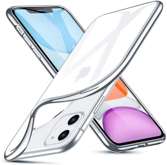 Husa iPhone 11, Silicon ultraslim, cu spate transparent si cadru, Silver [5]
