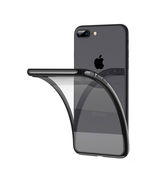 Husa iPhone 8 PLUS / iPhone 7 PLUS, Silicon ultraslim, cu spate transparent si cadru, Negru [1]