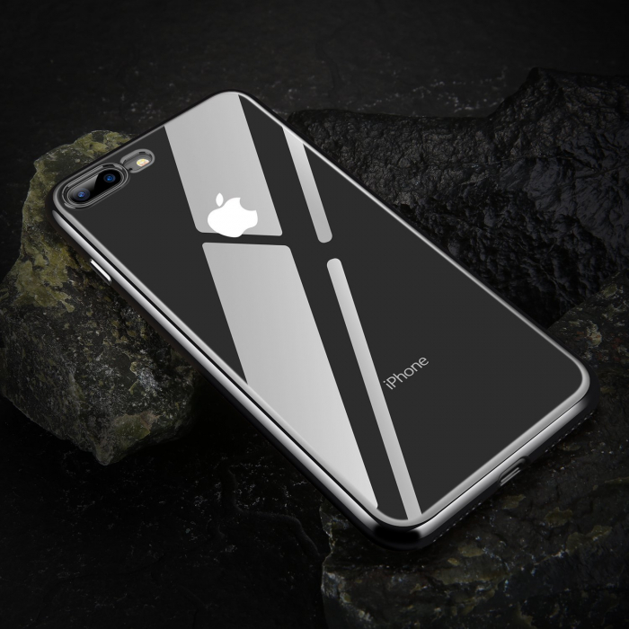 Husa iPhone 8 PLUS / iPhone 7 PLUS, Silicon ultraslim, cu spate transparent si cadru, Negru [2]