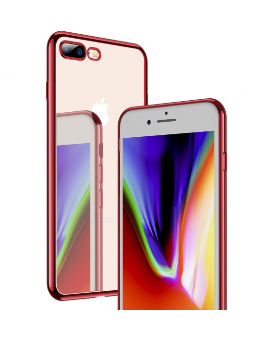 Husa iPhone 8 PLUS / iPhone 7 PLUS, Silicon ultraslim, cu spate transparent si cadru, Rosu [5]