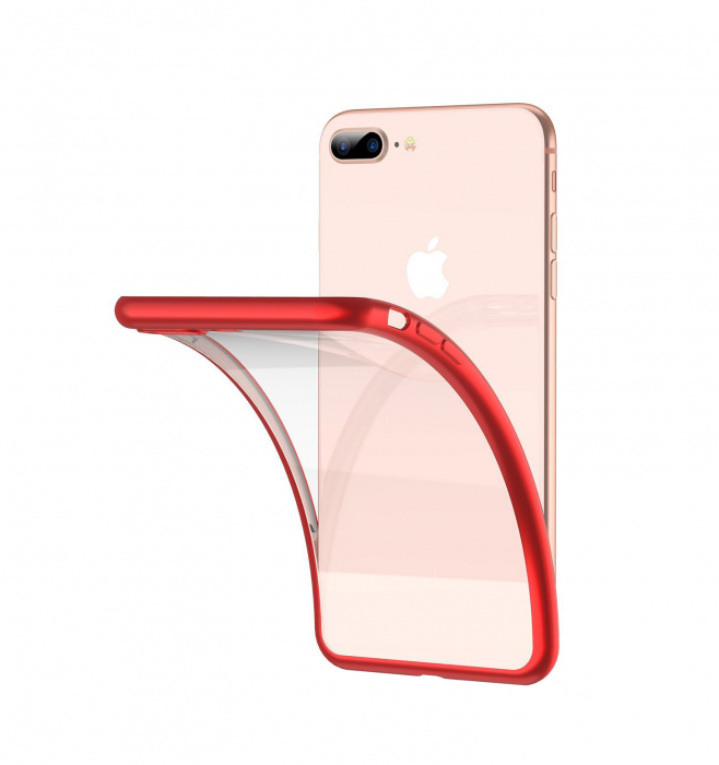 Husa iPhone 8 PLUS / iPhone 7 PLUS, Silicon ultraslim, cu spate transparent si cadru, Rosu [1]