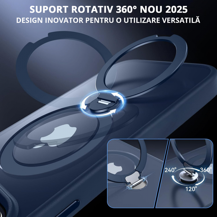 Husă magnetică iPhone 15 Pro Max MagSafe bleumarin cu suport rotativ 360 grade și protecție militară, compatibilă cu încărcare wireless, design premium [5]
