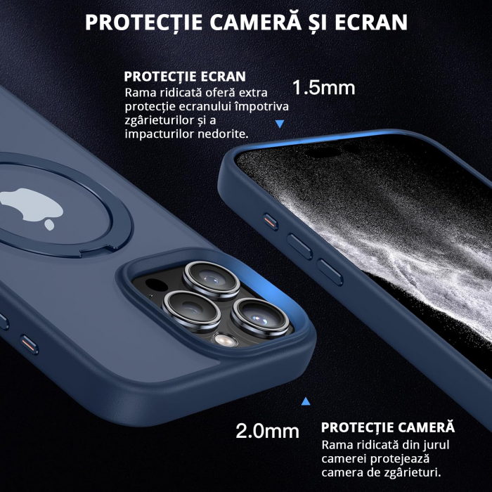 Husă magnetică iPhone 15 Pro Max MagSafe bleumarin cu suport rotativ 360 grade și protecție militară, compatibilă cu încărcare wireless, design premium [2]
