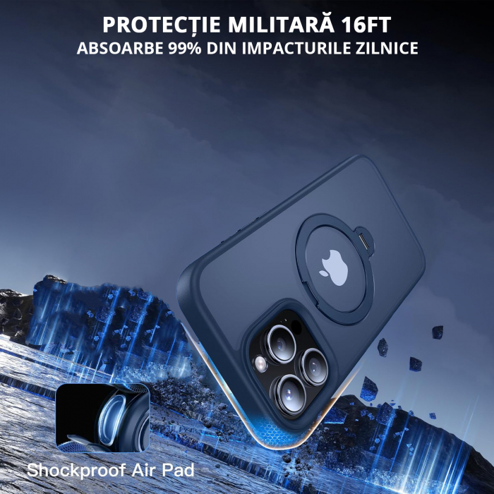 Husă magnetică iPhone 15 Pro Max MagSafe bleumarin cu suport rotativ 360 grade și protecție militară, compatibilă cu încărcare wireless, design premium [3]