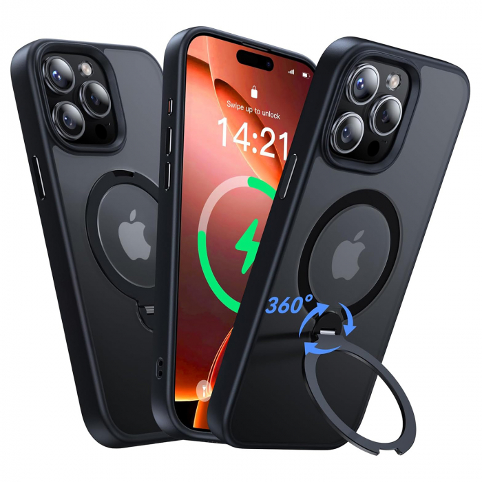 Husă Magnetică pentru iPhone 15 Pro Max, Protecție standard Militar, Suport Rotativ 360° MagSafe, Negru [1]