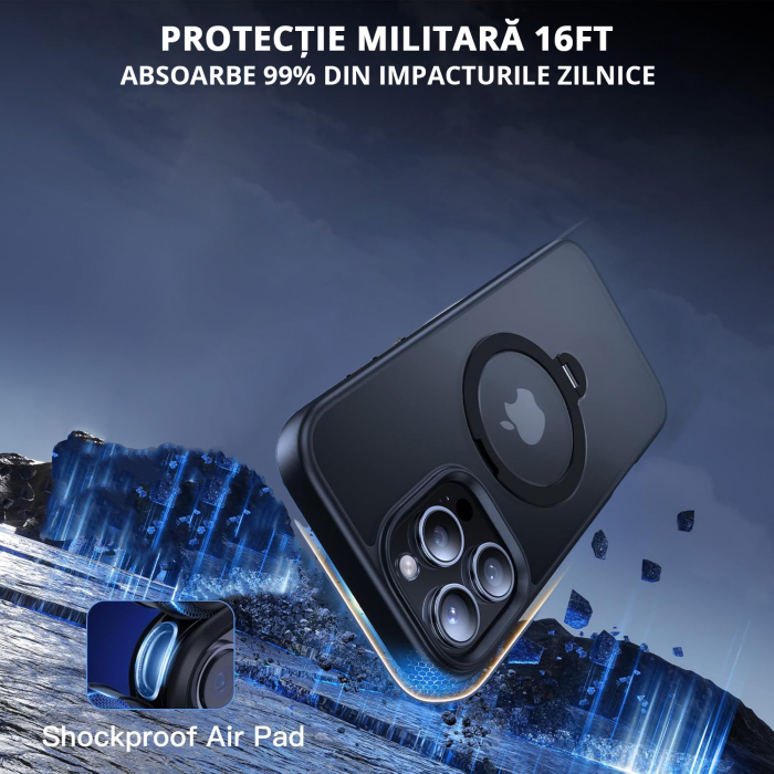 Husă Magnetică pentru iPhone 15 Pro Max, Protecție standard Militar, Suport Rotativ 360° MagSafe, Negru [2]