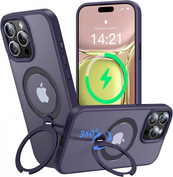 Husă magnetică iPhone 15 Pro Max MagSafe purple cu suport rotativ 360 grade și protecție militară, compatibilă cu încărcare wireless, design premium [1]