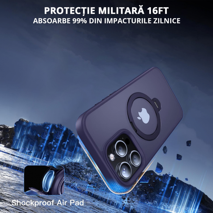 Husă magnetică iPhone 15 Pro Max MagSafe purple cu suport rotativ 360 grade și protecție militară, compatibilă cu încărcare wireless, design premium [3]